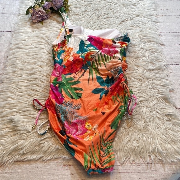 NWT LA BLANCA Tropicalia Ruched One Shoulder One Piece Swimsuit sz 12 - Picture 13 of 13